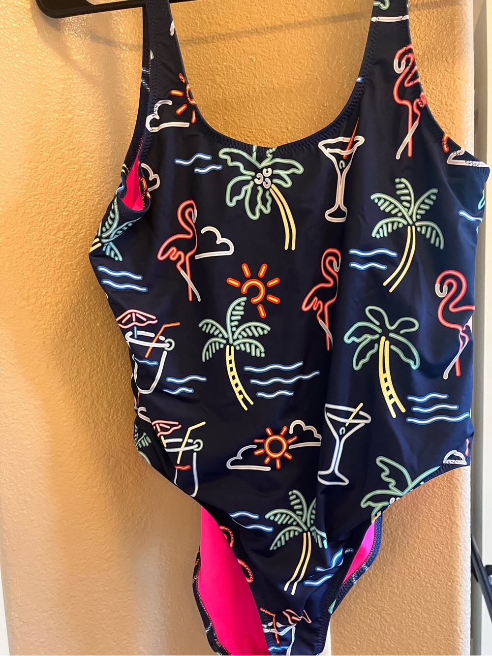 chubbies Navy One-Piece Swimsuit with Neon Tropical Icons